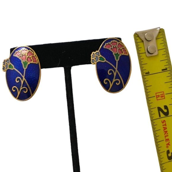 Vintage 80s Enamel Cloisonne Earrings Pierced Floral Lily Gold Tone Large Oval. - Picture 2 of 15